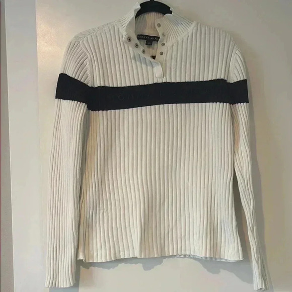 Tommy Hilfiger Sweaters - Y2K Tommy Hilfiger White Sweater with Navy Blue Stripe-L